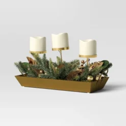 Battery Operated Flameless Pillar Candle And Candle Holder In Gold Tray With Faux Christmas Greenery - Wondershop™ -Wonder Deals Store GUEST 2fceadbe de27 4776 b1a6 ec09060a1791